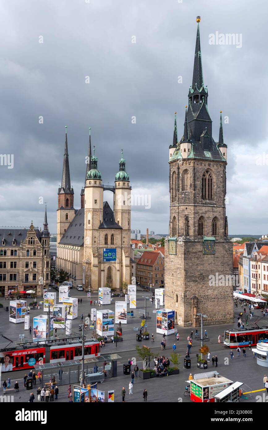 Piazza del mercato, Marienkirche, Roter Turm, Halle an der Saale, Sassonia-Anhalt, Germania Foto Stock