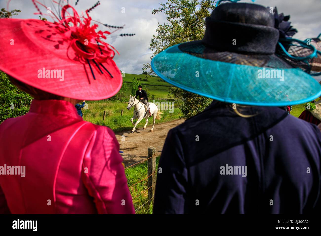 Spettatori, corse di cavalli, cross country, tradizionali, Hawick Common Ridings, Ospiti d'onore, cappelli eleganti, Borders, Scozia, Regno Unito Foto Stock