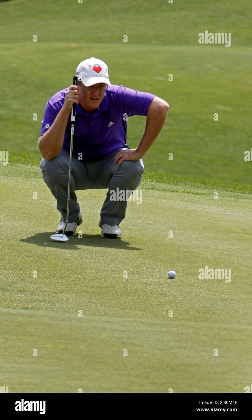 28 aprile 2012-Corea del Sud, Icheon : Marcus Fraser d'Australia in azione durante il terzo round del campionato di Ballantine al Blackstone Golf Club. Foto Stock