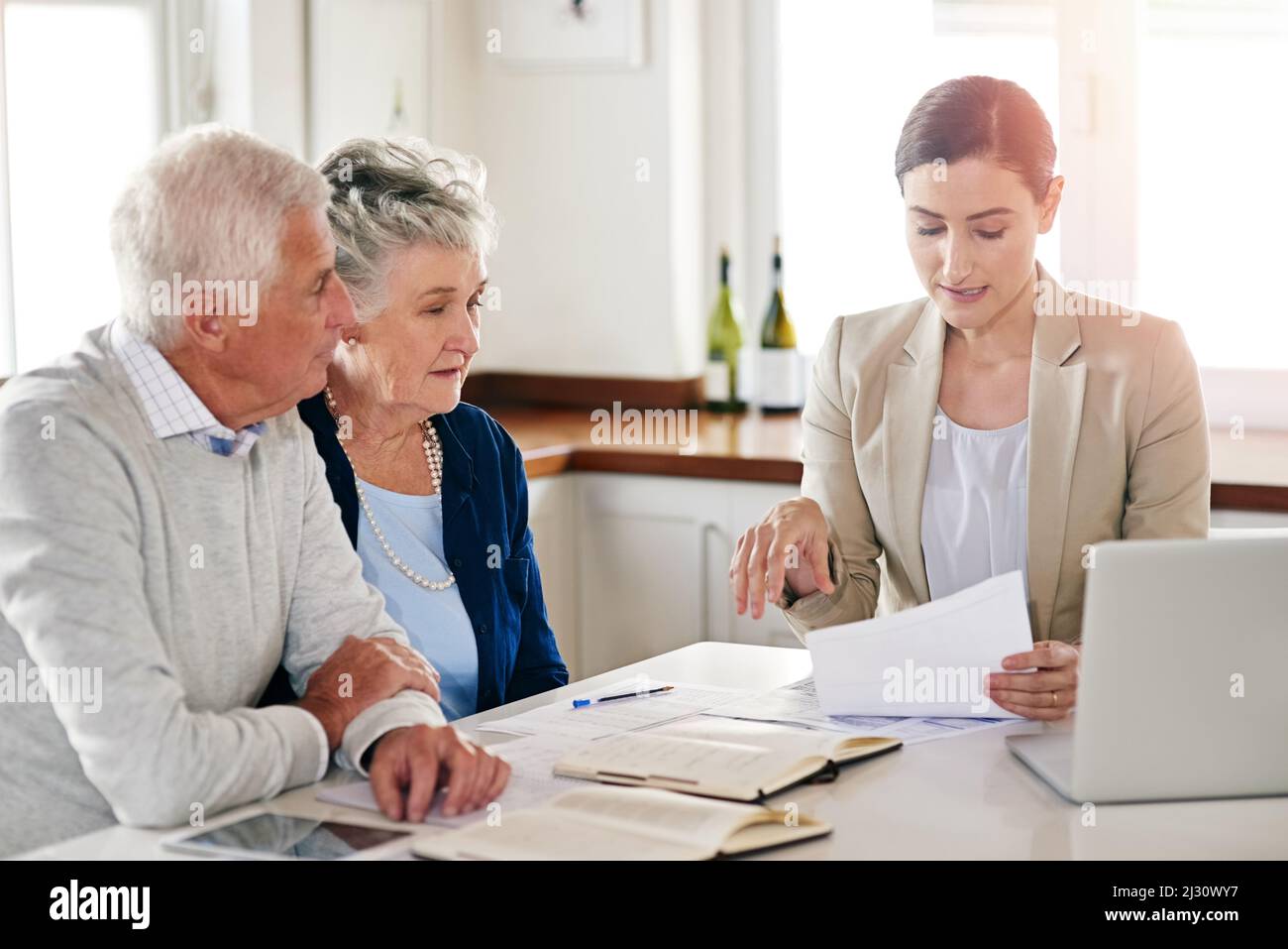 Questi sono i dati finanziari finora forniti. Scatto corto di una coppia anziana che ottiene il consiglio dal loro consulente finanziario. Foto Stock