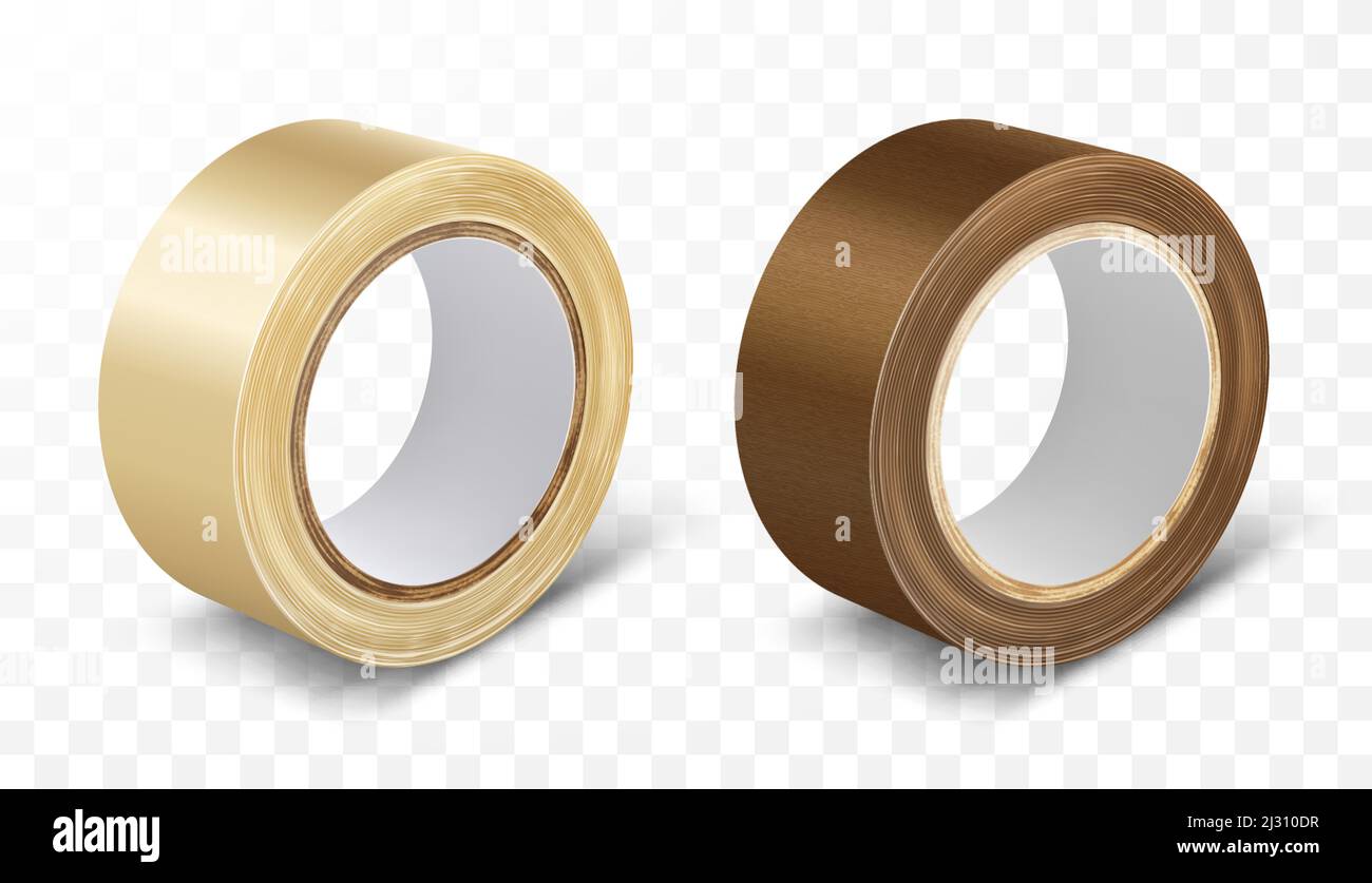 Nastro adesivo trasparente e marrone per rulli condotto immagine vettoriale realistica isolato su sfondo trasparente. Forniture per ufficio e per la casa, constru Illustrazione Vettoriale