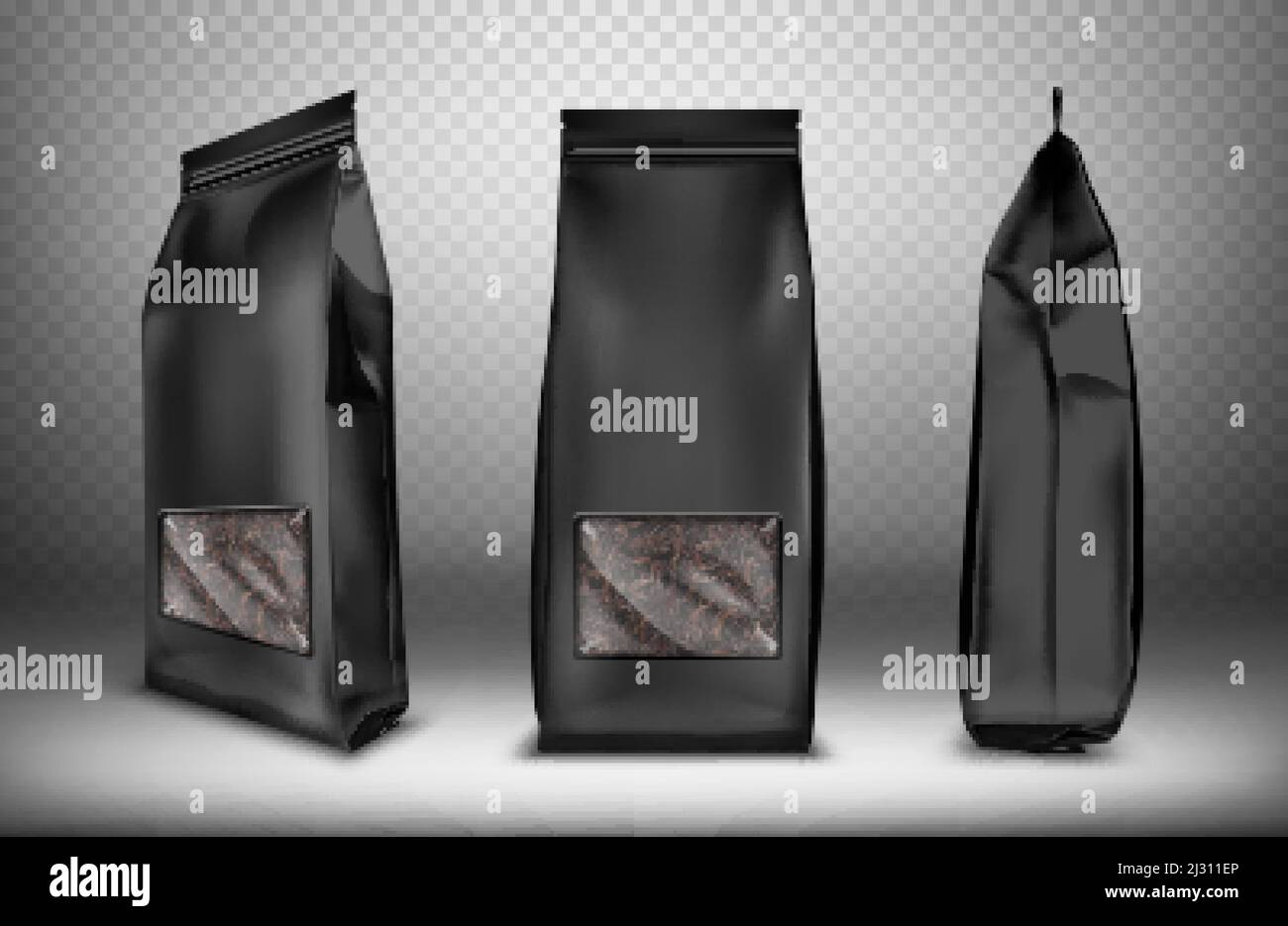 Sacchetto di plastica nera o in lamina con finestra trasparente vettore realistico. Borsa o astuccio per tè, dolci e caffè, vista frontale e laterale dell'isola Illustrazione Vettoriale