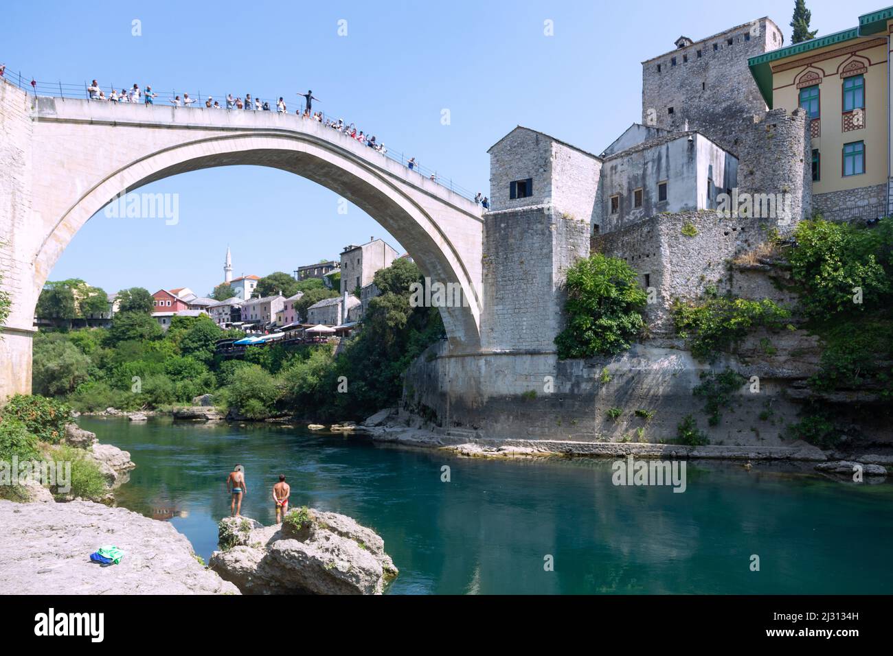 Mostar, Stari Most, ponticello ponte, Tara Tower, Hercegusa Tower Foto Stock