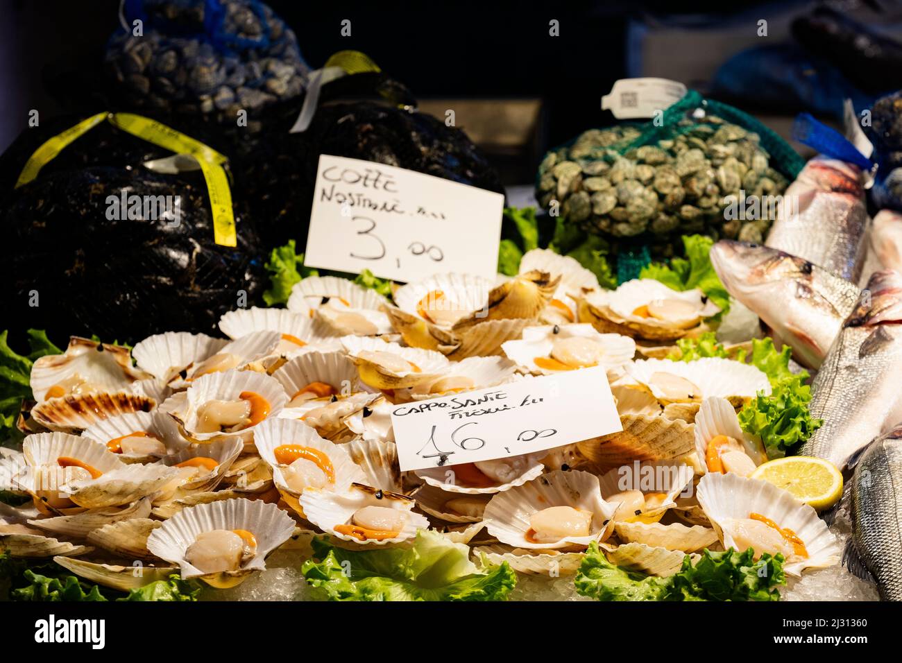 Dettaglio delle cozze di Jacob&#39 sul mercato del pesce a Venezia, Veneto, Italia, Europa Foto Stock