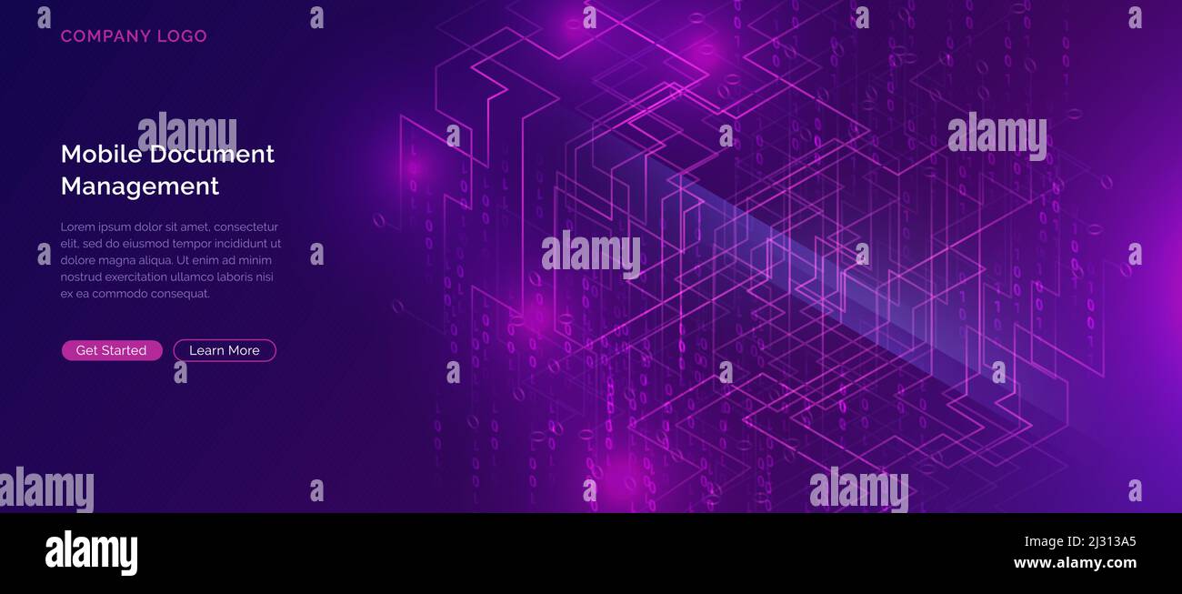 Cascata o cascata di big data, visualizzazione dell'analisi del flusso di dati in codice binario digitale, illustrazione vettoriale isometrica. Banner orizzontale ultravioletto con Illustrazione Vettoriale