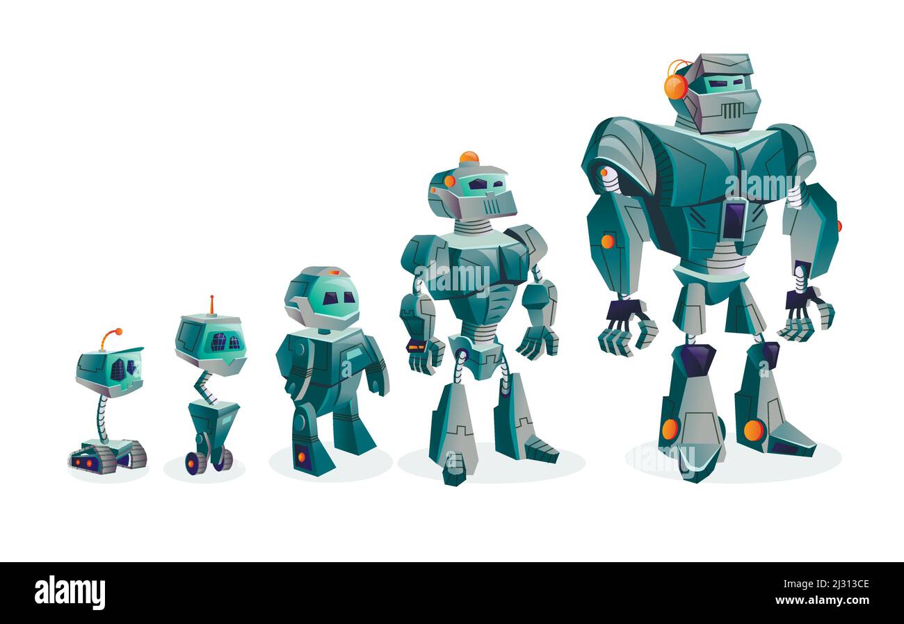 Evoluzione dei robot, progresso tecnologico dell’intelligenza artificiale, illustrazione vettoriale dei cartoni animati isolata su sfondo bianco. Sviluppo di robot f Illustrazione Vettoriale