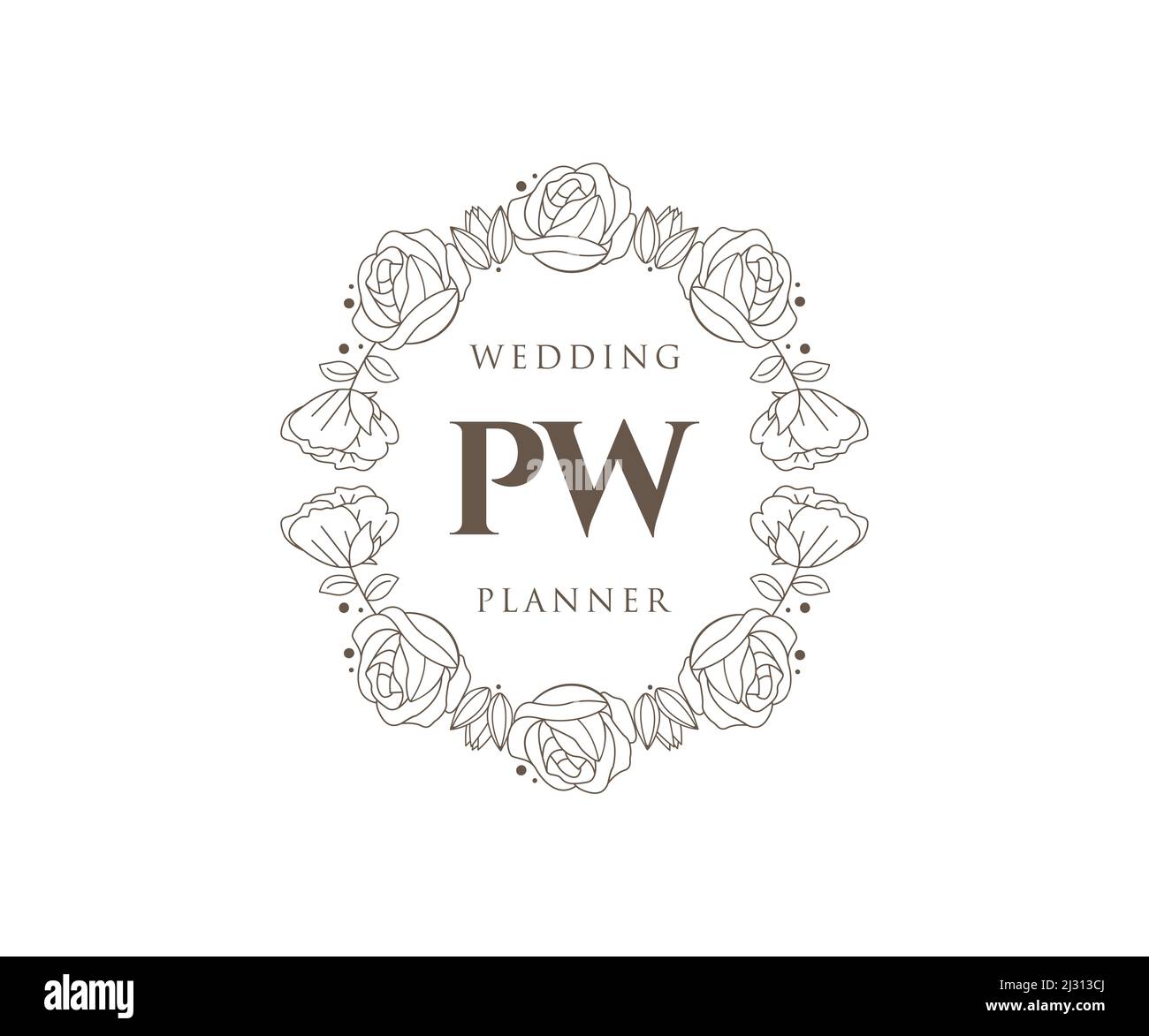 PW iniziali lettera matrimonio monogramma collezione loghi, disegnati a mano moderni minimalistici e modelli floreali per carte di invito, Salva la data, elegante Illustrazione Vettoriale