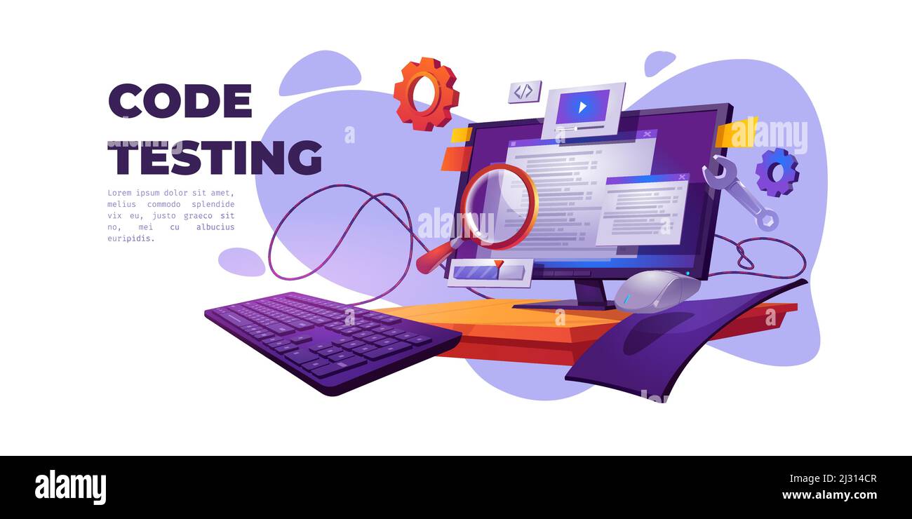 Banner cartoon di test del codice. Test funzionale, metodologia di programmazione, errori di ricerca e bug, sviluppo di piattaforme di siti web, utilizzo di dashboard op Illustrazione Vettoriale