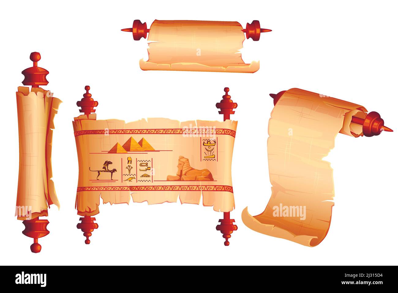 Antico Egitto papiro scorrere cartoon vettore set, vuoto e con geroglifici e simboli religiosi cultura egiziana, antica sfinge e piramide faraone Illustrazione Vettoriale