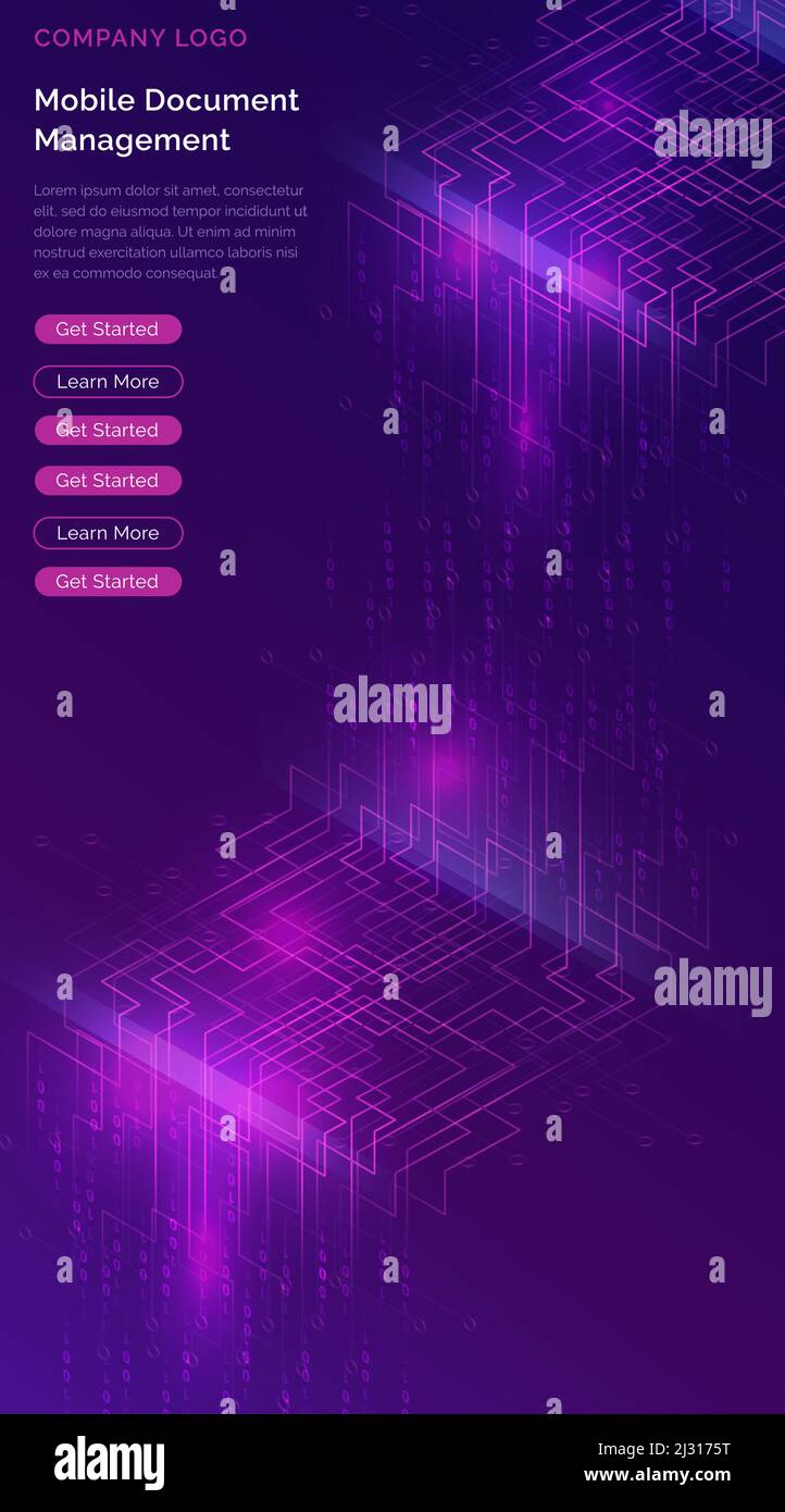 Cascata o cascata di big data, visualizzazione dell'analisi del flusso di dati in codice binario digitale, illustrazione vettoriale isometrica. Banner verticale ultravioletto con s Illustrazione Vettoriale