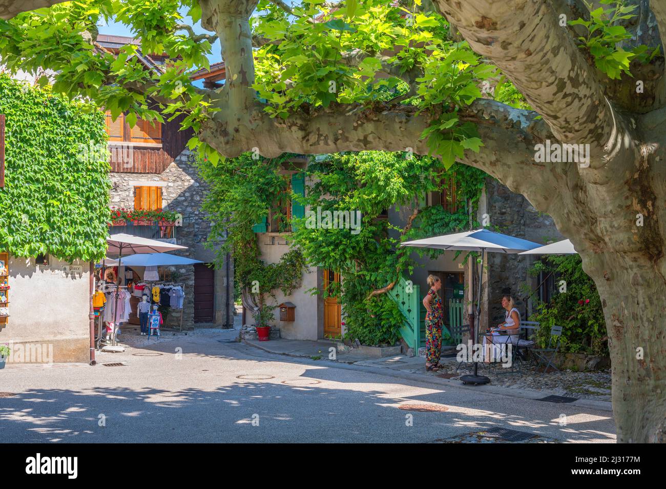 Vicolo in Yvoire, dipartimento di alta Savoia, Auvergne-Rhone-Alpes, Francia Foto Stock
