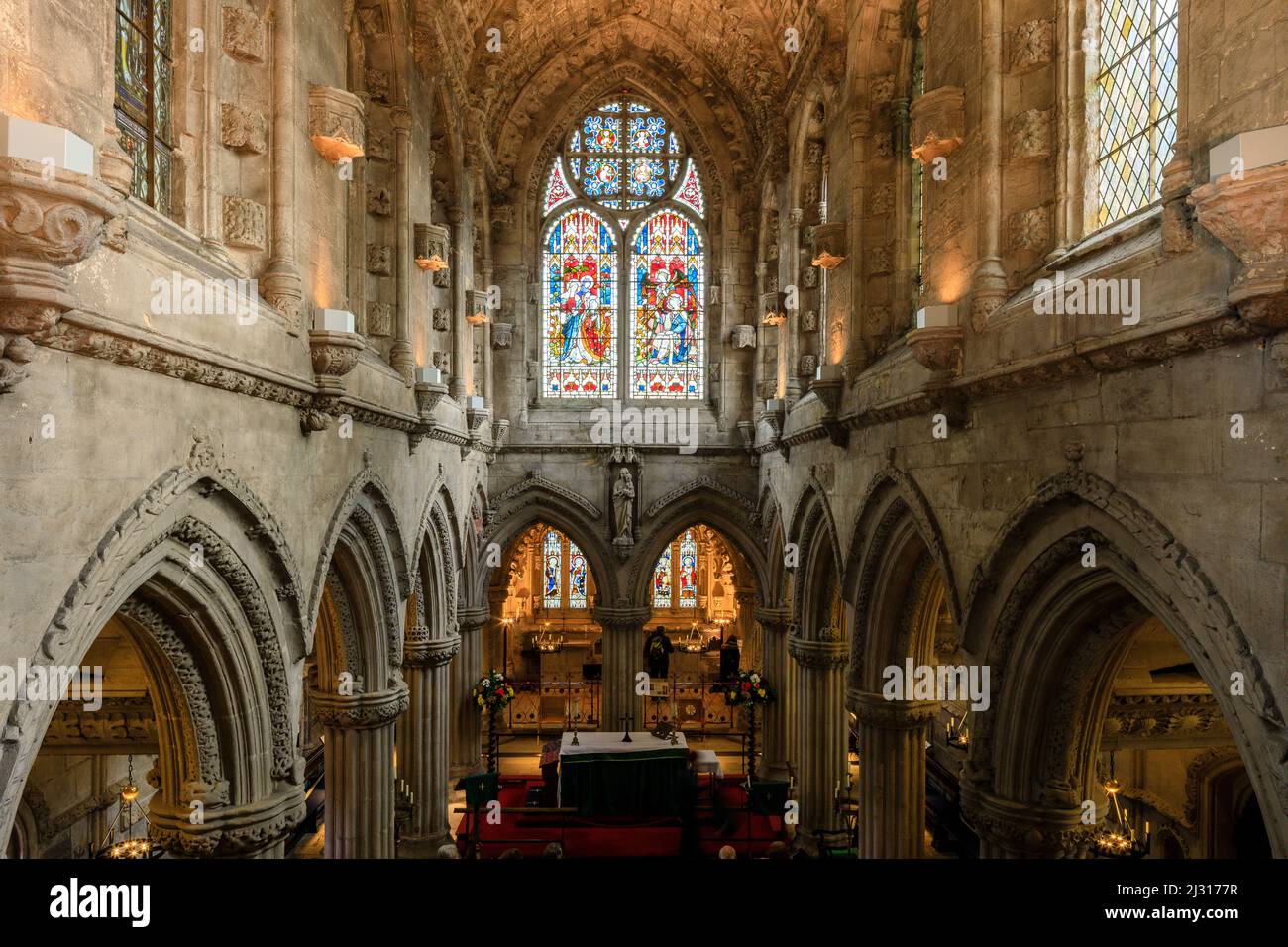 Cappella Rosslyn, chiesa gotica, navata, Roslin, Midlothian, Scozia, Regno Unito Foto Stock