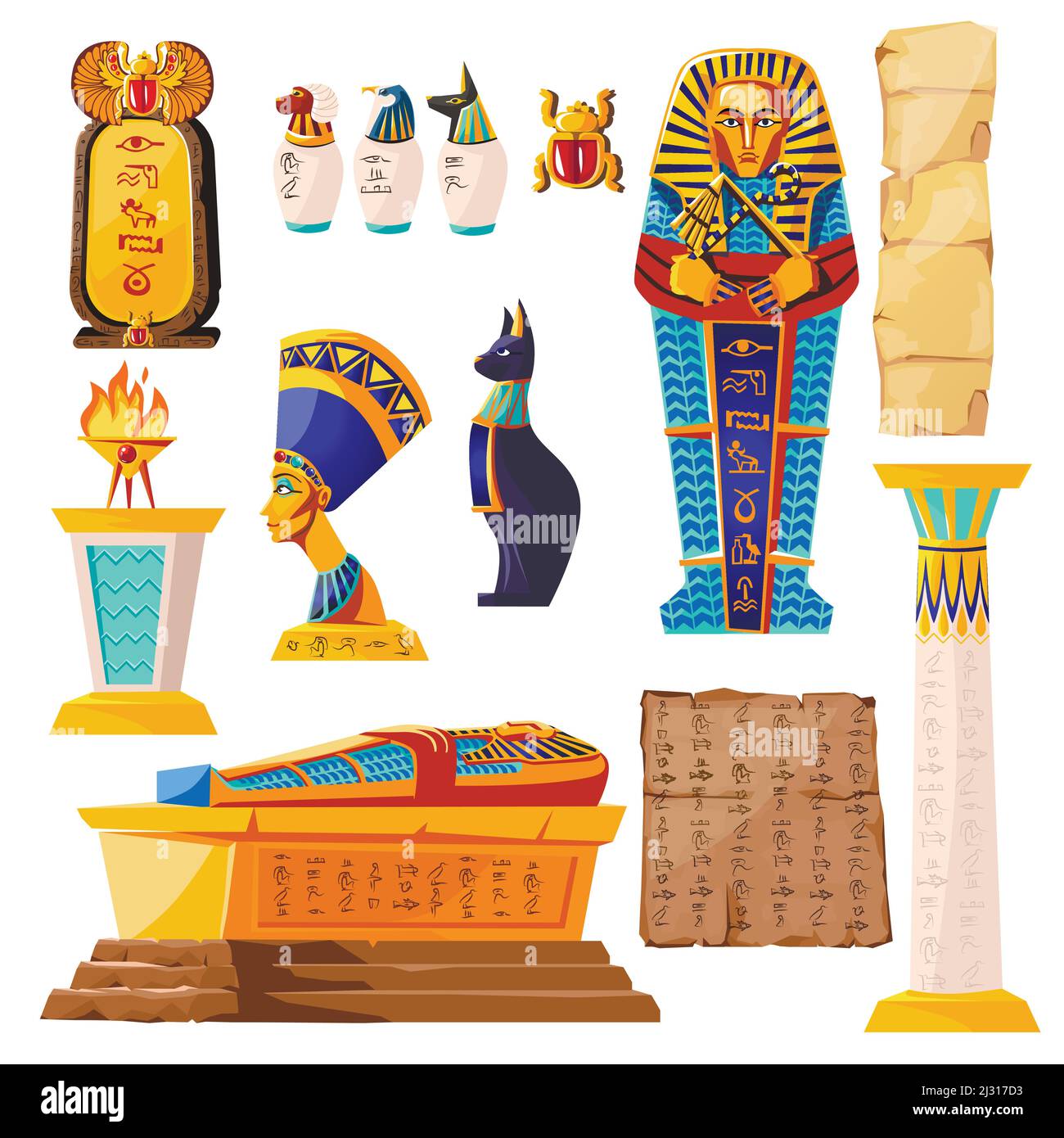 Antico Egitto vettore cartoon set. Collezione di simboli della cultura egiziana, sarcofago d'oro, fuoco sacrificale religioso, statue di divinità antiche e Nef Illustrazione Vettoriale