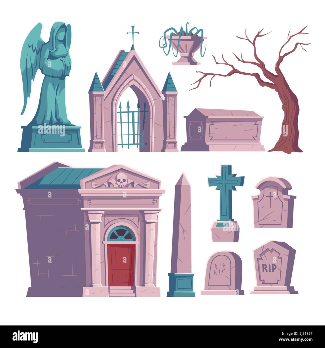 Simboli del cimitero, lapide con iscrizione RIP, vettore cartoon. Lapidi con croce, figura di angelo, ossario o cripta e sarcofago o bara, ha Illustrazione Vettoriale