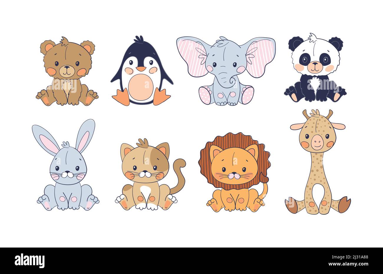 Una serie di graziosi animali della giungla in un semplice design scandinavo. Set per bambini di giraffa, elefante, leone, pinguino, koala e orso. Vettore piatto colorato Illustrazione Vettoriale