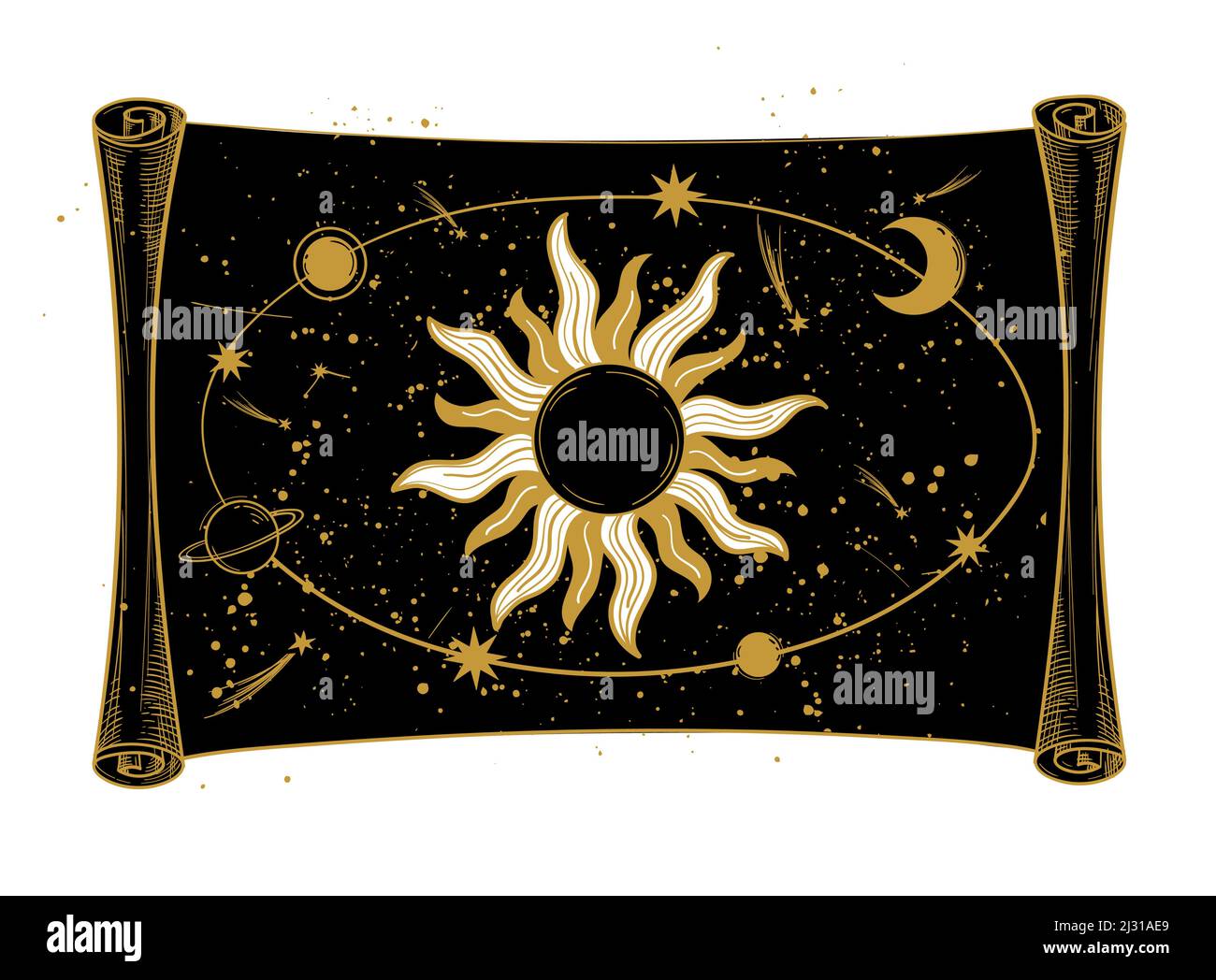 Papiro con la struttura dell'universo, il sole, la luna e lpnete su sfondo cielo nero. Banner spaziale mistico per tarocchi, astrologia, astronomia. Illustrazione Vettoriale