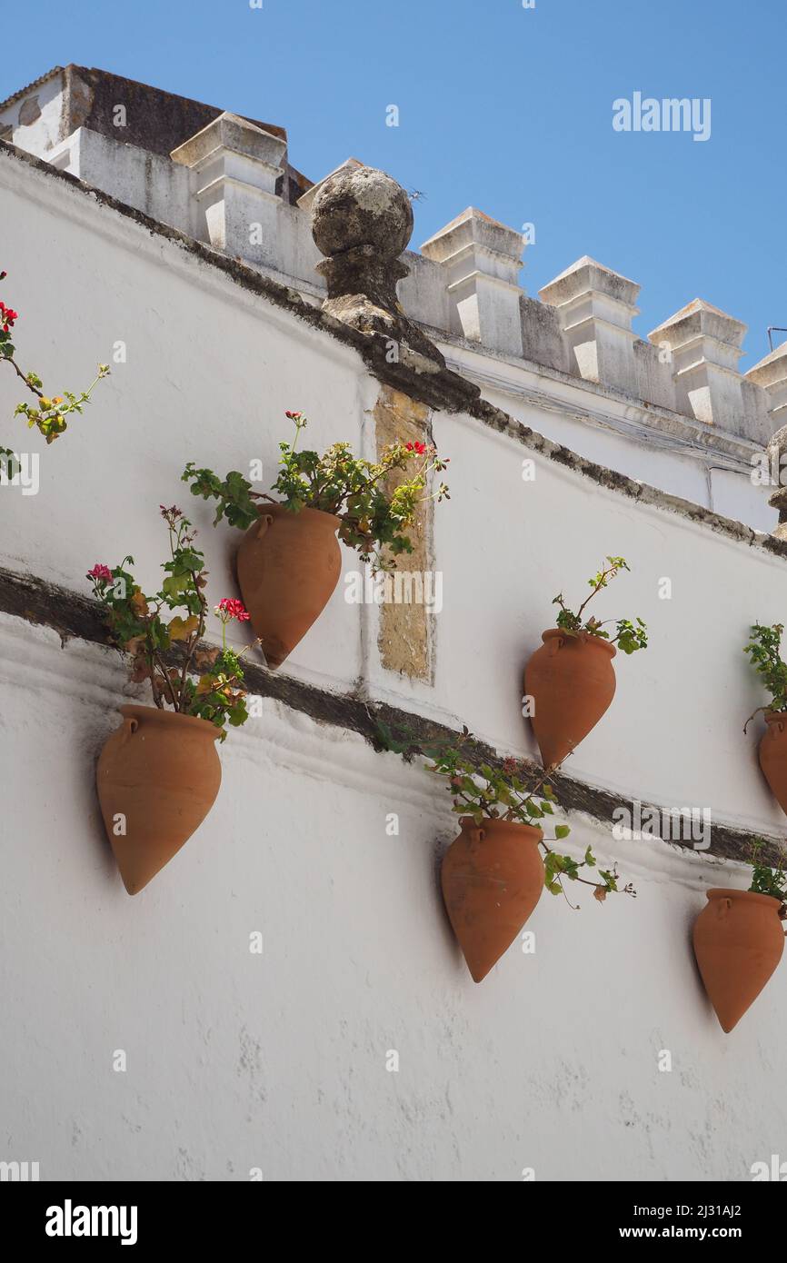 Borghi bianchi, decorazioni floreali in Arcos de la Frontera, Andalusia, Spagna Foto Stock