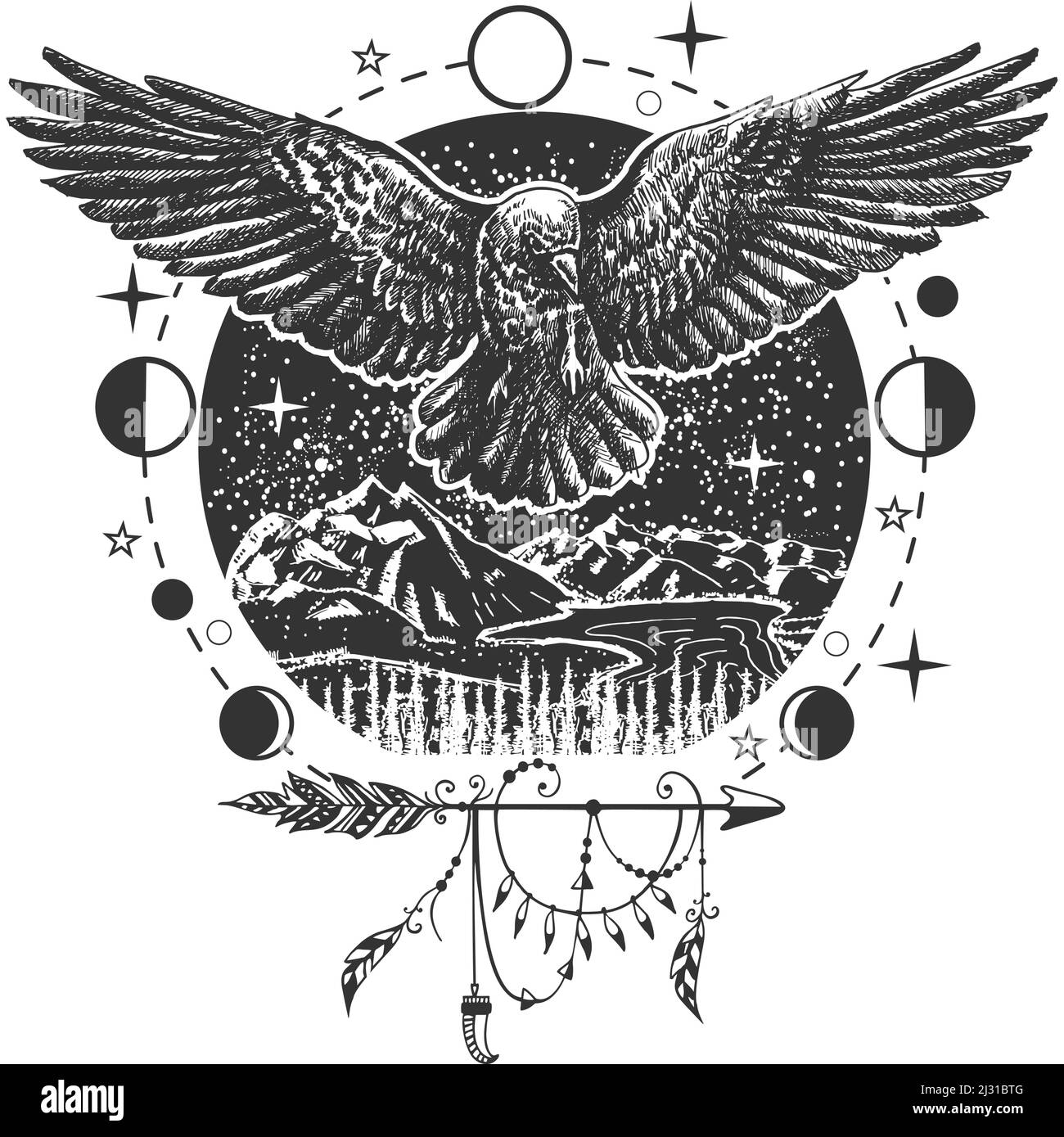 Stampa vettoriale in tatuaggio nero corvino o t-shirt Illustrazione Vettoriale