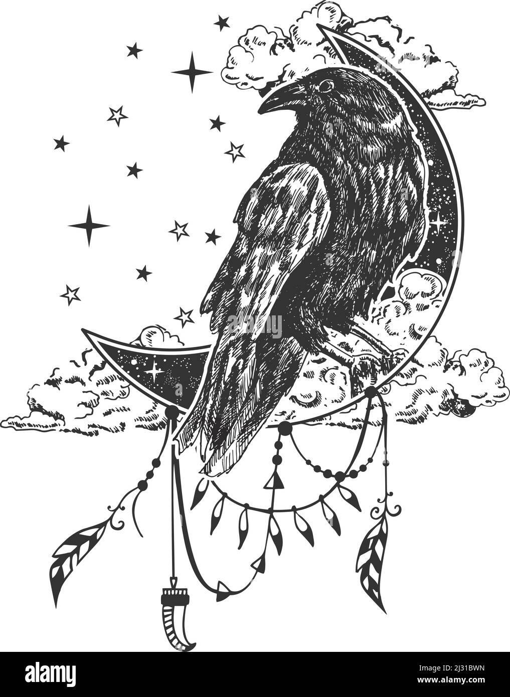 Stampa vettoriale boho raven tatuaggio o t-shirt Illustrazione Vettoriale