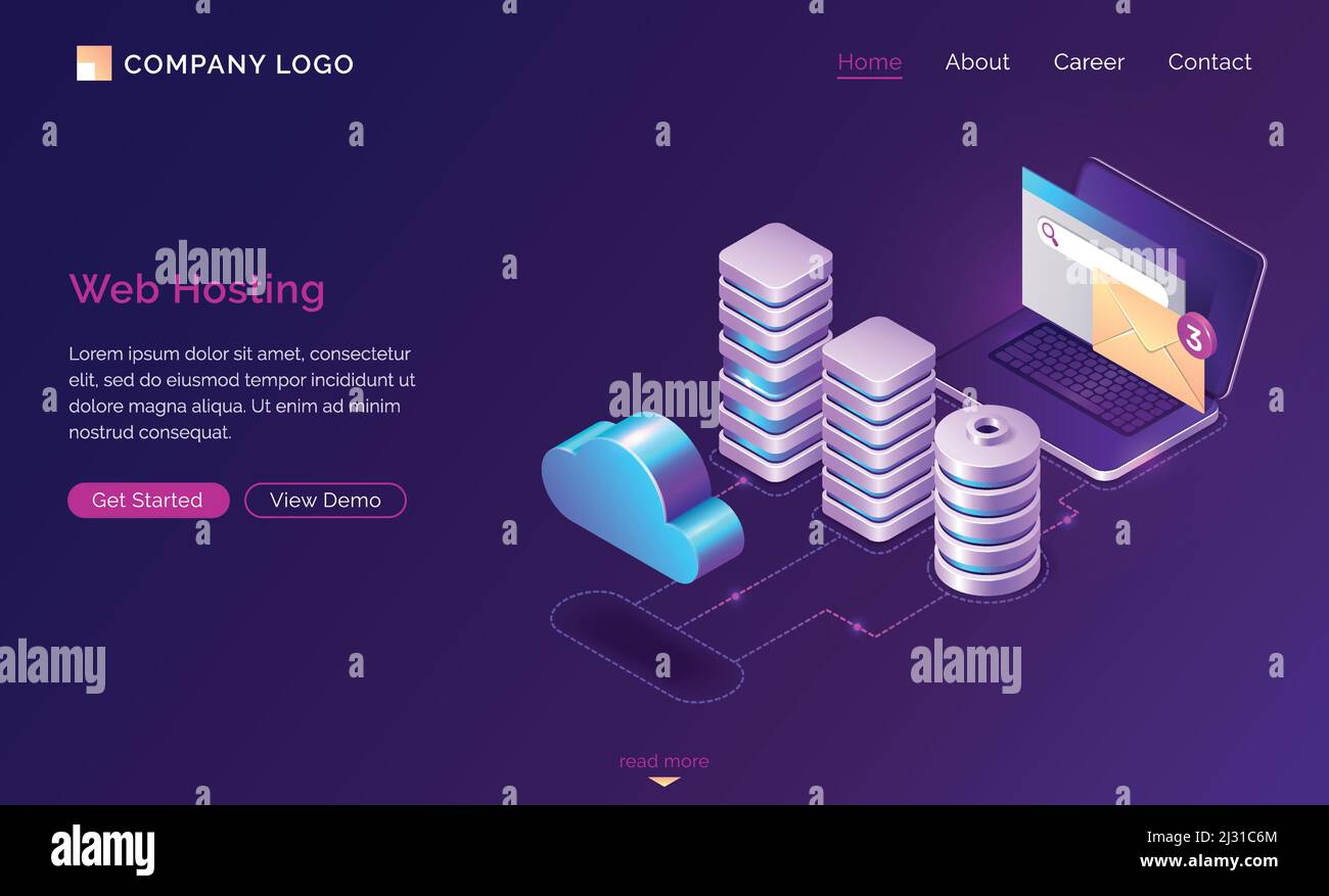Web hosting, banner Web vettoriale isometrico. Icone server 3D, computer portatile aperto con busta dei messaggi non letta, cloud di elaborazione e connessioni su ulstrada Illustrazione Vettoriale