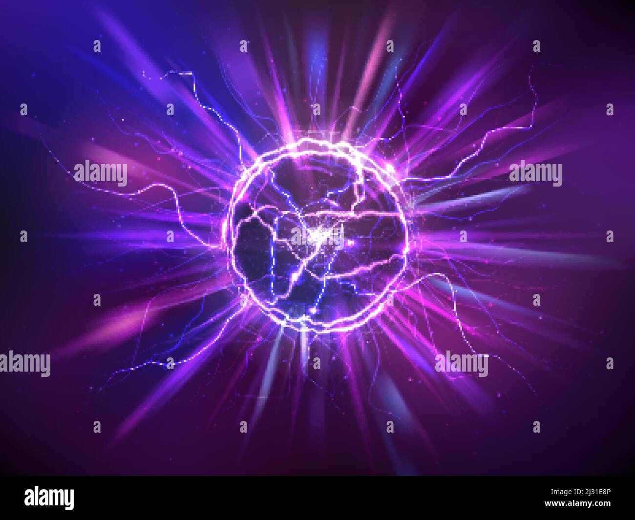 Sfera elettrica o sfera del plasma con raggi, illustrazione vettoriale realistica. Abstractt palla fulmine con flash bruciante o potenti scariche elettriche i Illustrazione Vettoriale