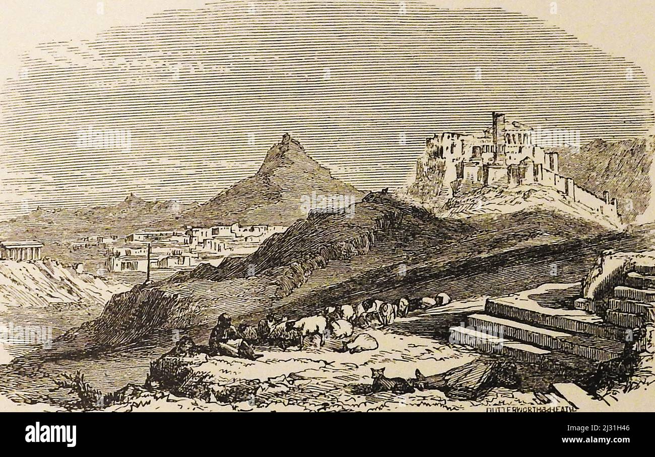 Un'incisione del 19th secolo che mostra una vista distante dell'Acropoli e dell'Areopago, , Atene, Grecia. L'Areopago è il prominente affioramento roccioso conosciuto anche come la collina di Ares . ----- Μια γκραβούρα του 19ου αιώνα που δείχνει μια μακρινή άποψη της Ακρόπολης και του Αρείου Πάγου, , Άθηρες, Ελλάδα. ο Άρειος Πάγος είναι το εξέχον βράχο. Foto Stock