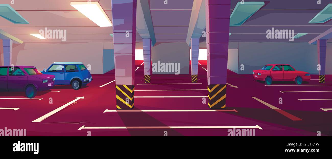 Parcheggio sotterraneo. Garage seminterrato con lotti per automobili, colonne, segnaletica stradale e frecce di guida in corridoio. Cartoon vettoriale interno di p Illustrazione Vettoriale