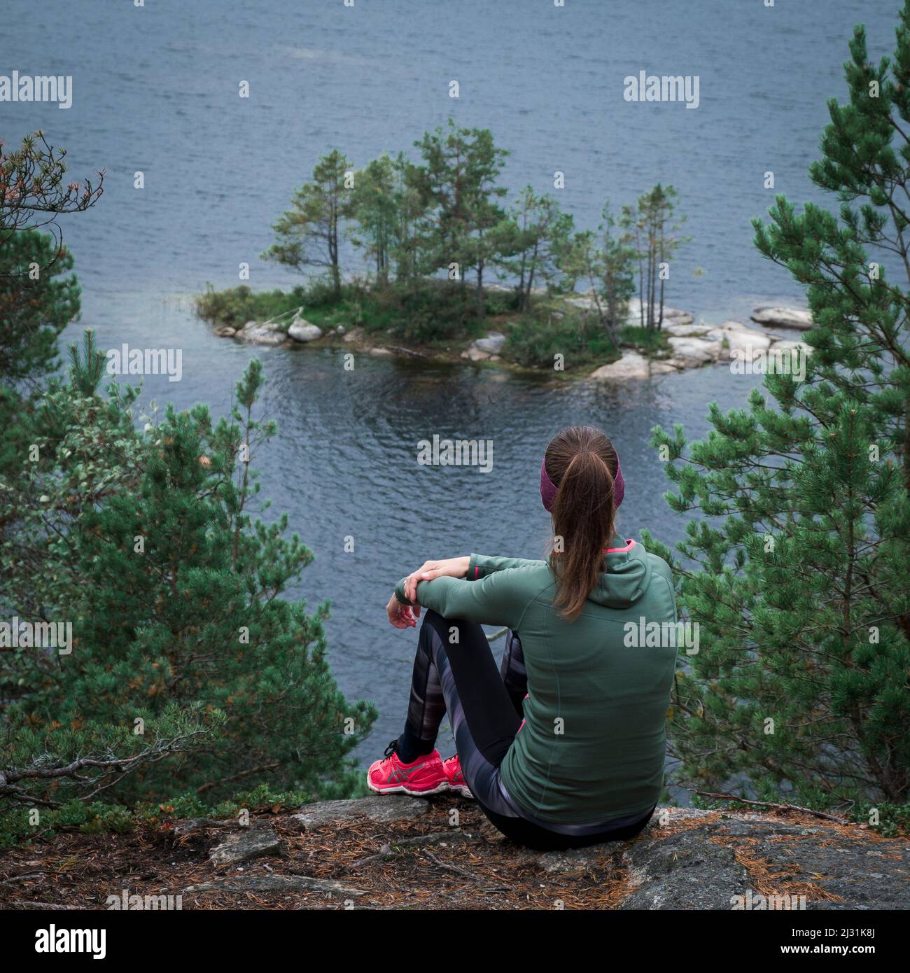 Donna mentre escursioni si affaccia sulla piccola isola nel lago Stensjön nel Parco Nazionale di Tireta in Svezia Foto Stock