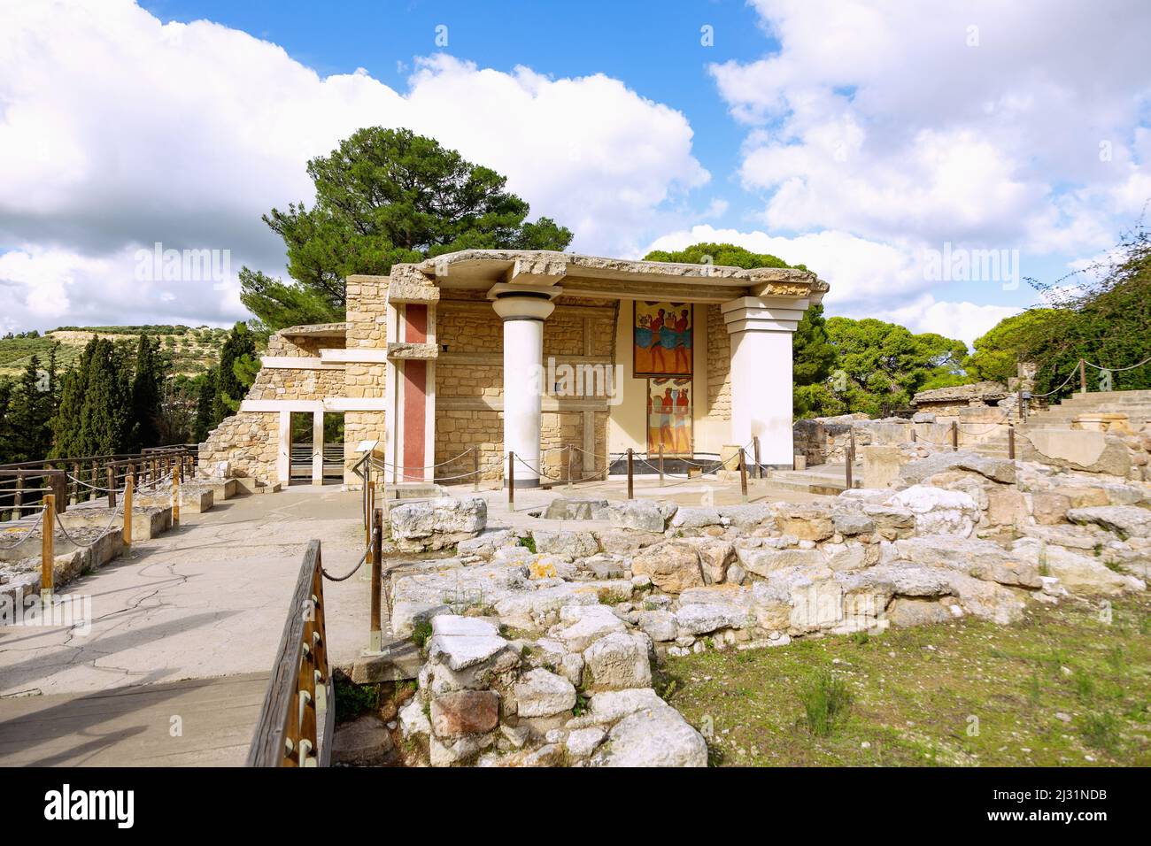 Cnosso, Propylaeum del Sud, Arthur Evans ricostruzione degli affreschi processionali Foto Stock