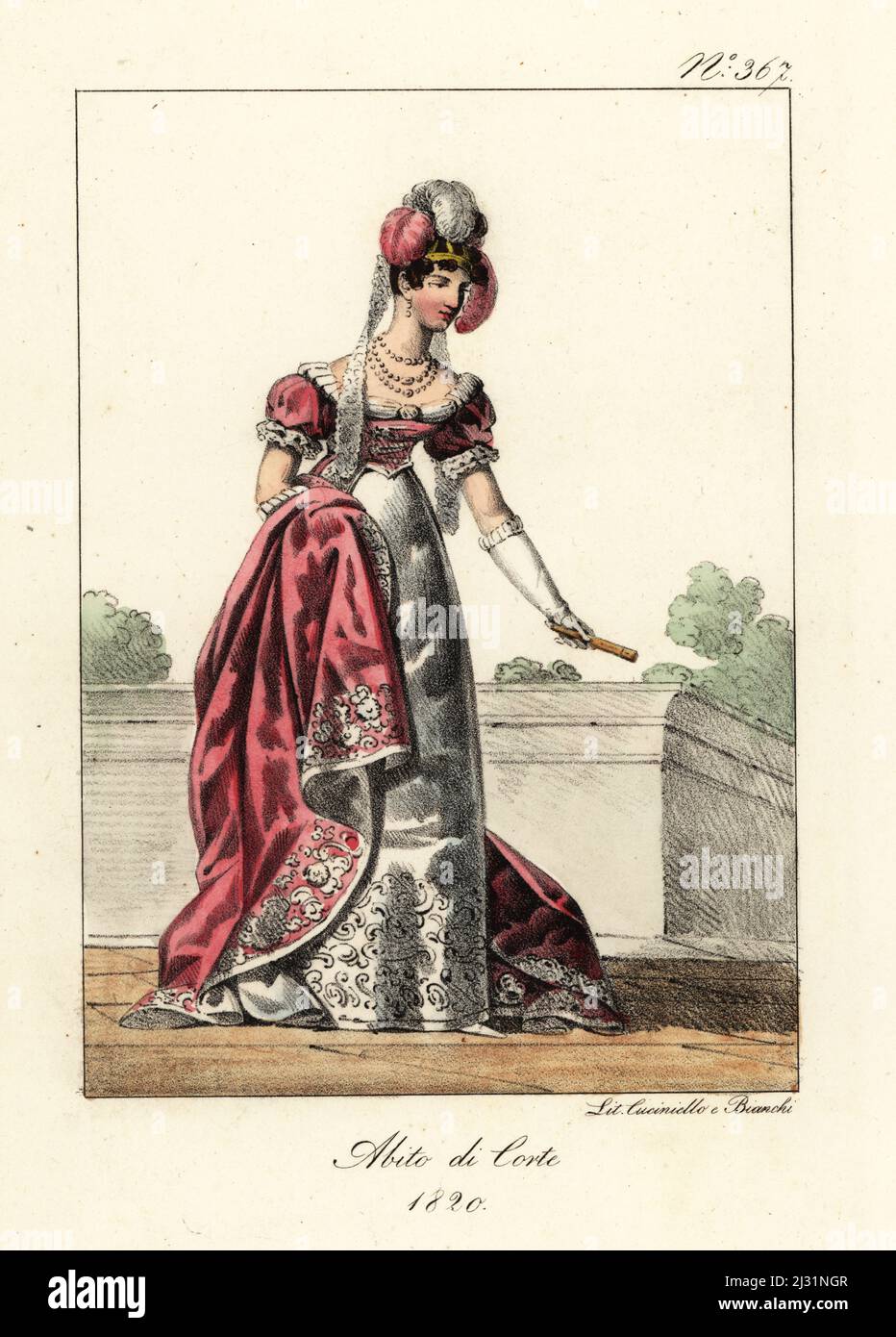 Nobile francese in costume da corte, era di re Luigi XVIII. In abito a smaniche, in abito a vita alta con pannello ricamato. Costume de Cour, 1820. Litografia a mano di Lorenzo Bianchi e Domenico Cuciniello dopo Ippolite Lecomte di Costumi civili e militanti della monarchia francese dal 1200 al 1820, Napoli, 1825. Edizione italiana dei costumi civili e militari della monarchia francese di Lecomte dal 1200 al 1820. Foto Stock