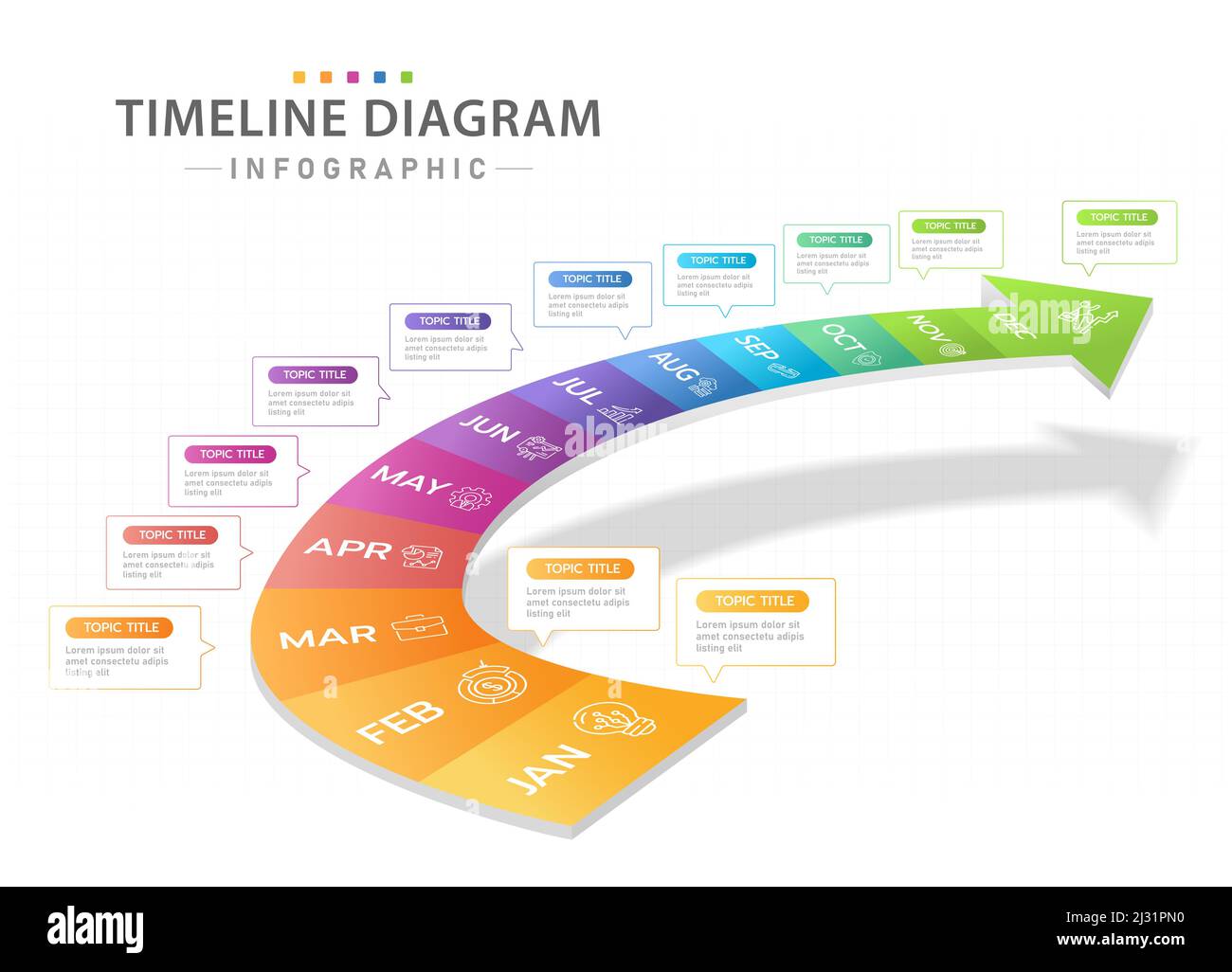 modello infografico per le aziende. Calendario mensile con diagramma Timeline moderno con grafico Gantt a 3D scale Illustrazione Vettoriale