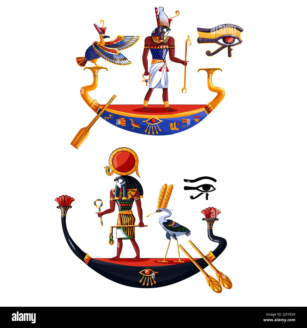 Antico Egitto sole dio Ra o Horus cartoon illustrazione vettoriale. Cultura egiziana simboli religiosi, antico dio-falco in barca di notte e giorno, sacro b Illustrazione Vettoriale