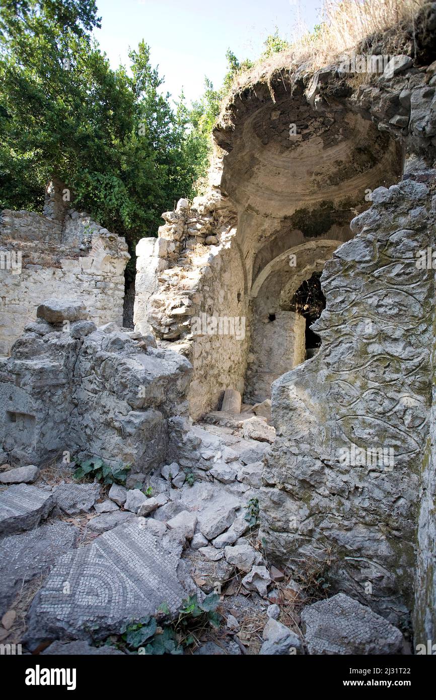 Antiche rovine del Parco Nazionale Olympos, Cirali, antica Likia, Turchia, mare mediterraneo Foto Stock