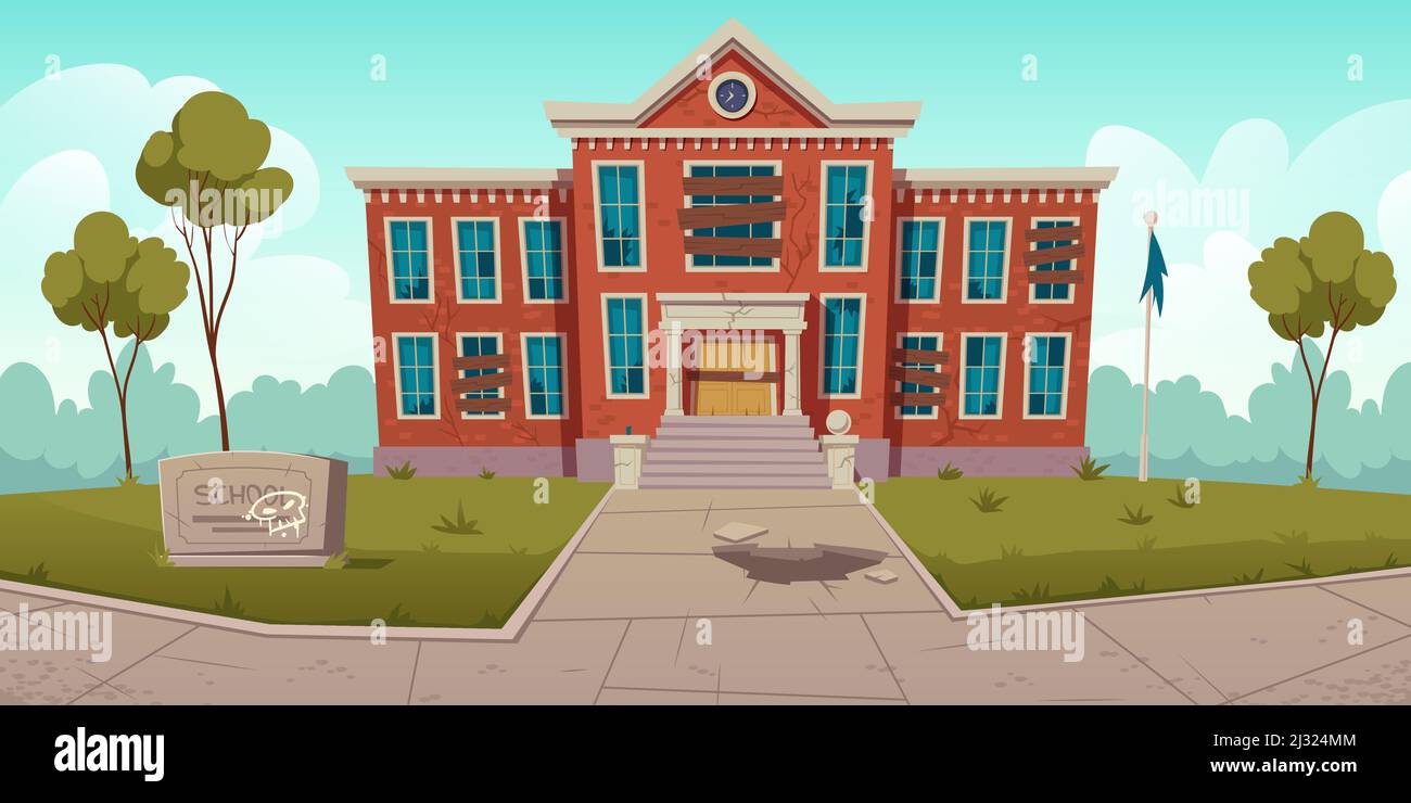 Abbandonata vecchia scuola con finestre rotte e si è imbarcata sulla porta. Vettore cartoon illustrazione del paesaggio estivo con derelict edificio dilapidata, forg Illustrazione Vettoriale