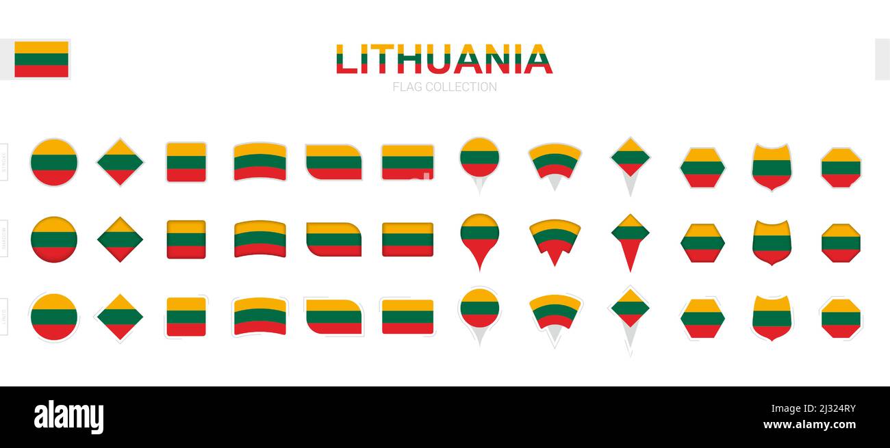 Grande collezione di bandiere lituane di varie forme ed effetti. Grande set di flag vettoriali. Illustrazione Vettoriale