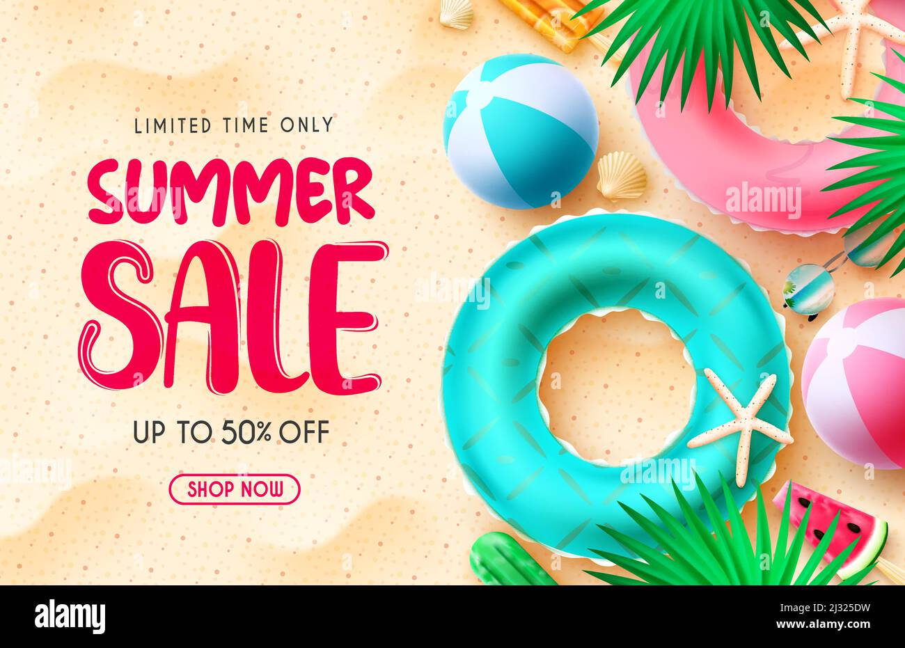 Vendita estate disegno vettoriale banner. Testo della vendita estiva in sabbia fondo spiaggia con offerta di sconto limitata nel tempo per la pubblicità promozionale stagionale. Illustrazione Vettoriale