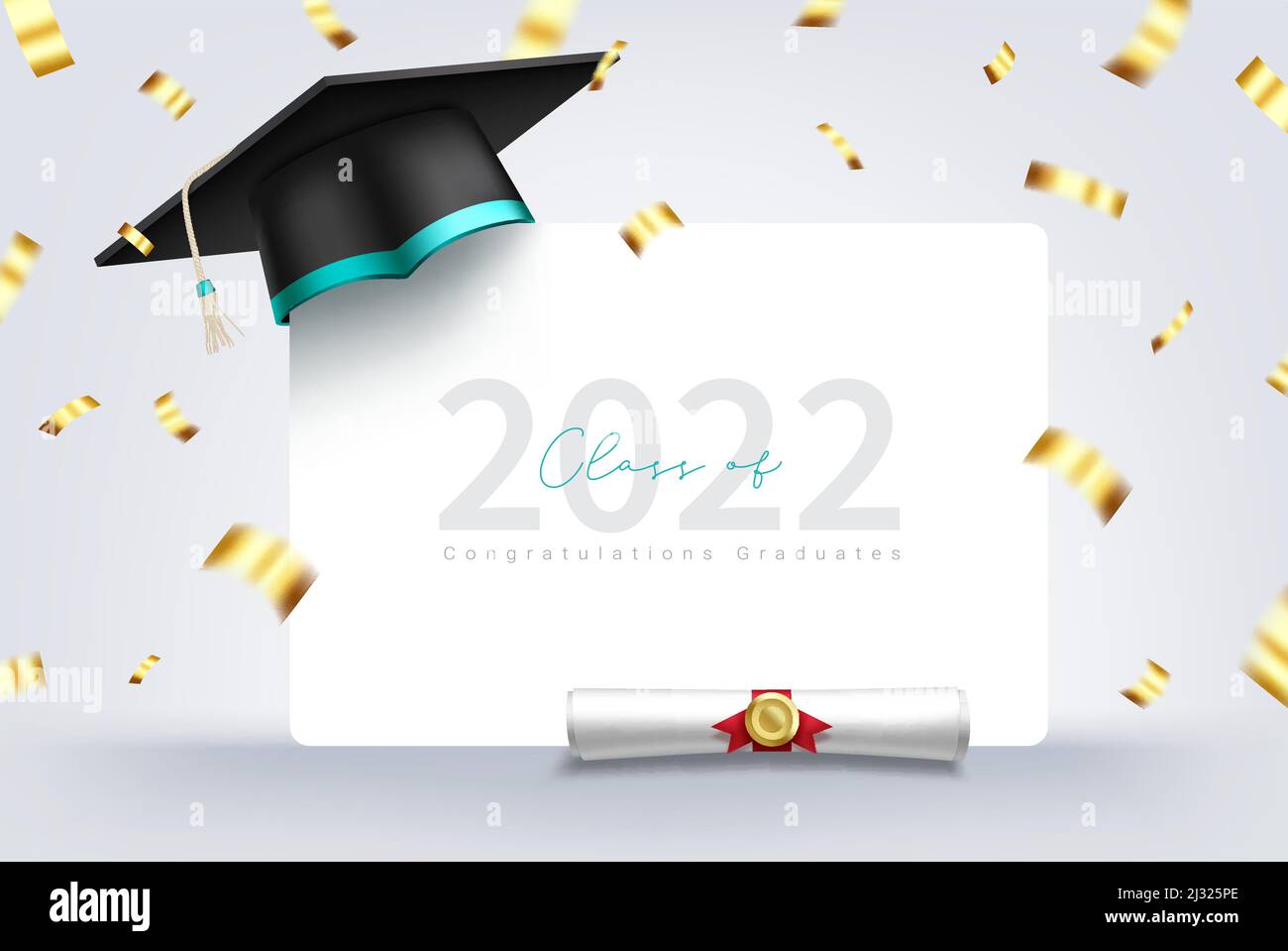 Design del modello vettoriale di graduazione. Congratulazioni classe di 2022 testi in bianco spazio con cappellino da tavolo, diploma e confetti per la celebrazione. Illustrazione Vettoriale