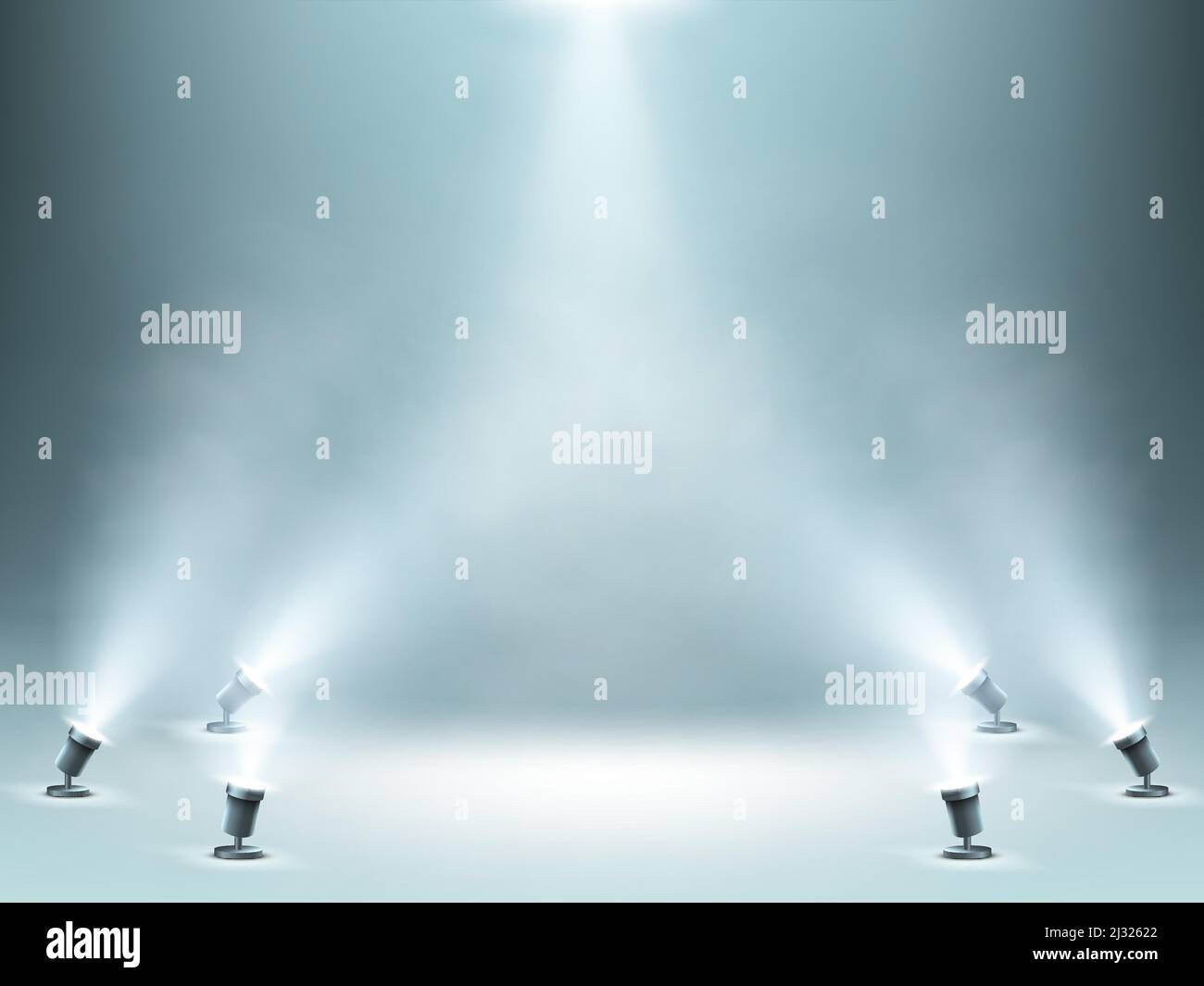 Palco illuminato da faretti con effetto fumo, podio vuoto o palco per premiazione, presentazione di prodotti o sfilata di moda, studio Illustrazione Vettoriale