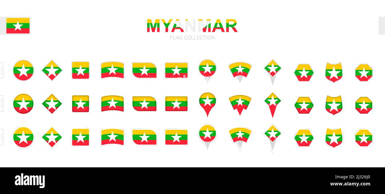 Grande collezione di bandiere di Myanmar di varie forme ed effetti. Grande set di flag vettoriali. Illustrazione Vettoriale