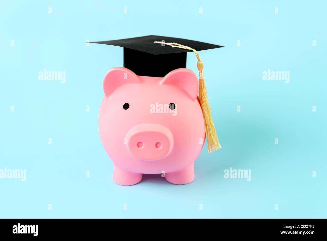 Banca di denaro rosa con tappo graduato su sfondo blu Foto Stock