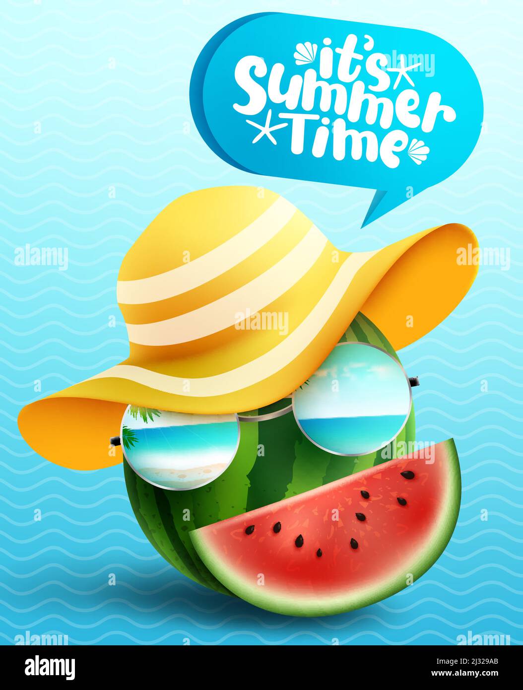 Disegno vettoriale del carattere estivo. L'anguria emoji con il suo testo di ora estiva in bolla di discorso per la stagione tropicale creativo carattere della frutta. Illustrazione Vettoriale