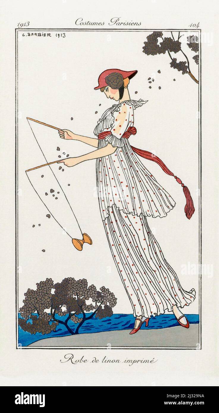 Robe de linon imprime. Abito da prato stampato. Stampa dalla rivista di alta moda Journal des Dames et des Modes, pubblicata dal 1 giugno 1912 al 1 agosto 1914. Dopo un lavoro dell'illustratore francese George Barbier, 1882 - 1932. Foto Stock
