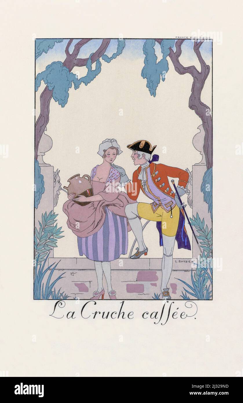 La Cruche cassee. La caraffa rotta. Stampa mostra 18th secolo di abbigliamento francese da almanac Falbalas et Fanfreluches di George Barbier 1922 - 1926. Dopo un lavoro dell'illustratore francese George Barbier, 1882 - 1932. Foto Stock