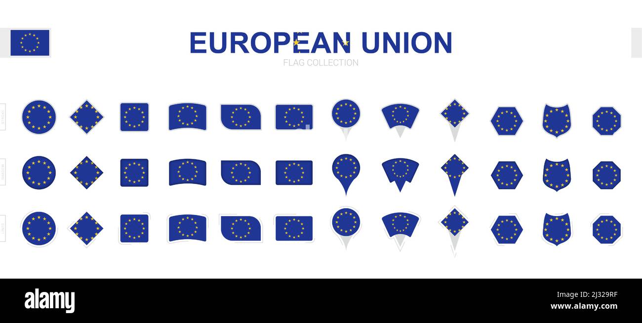 Ampia collezione di bandiere dell'Unione europea di varie forme ed effetti. Grande set di flag vettoriali. Illustrazione Vettoriale