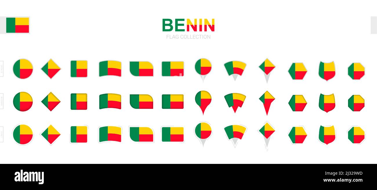 Grande collezione di bandiere Benin di varie forme ed effetti. Grande set di flag vettoriali. Illustrazione Vettoriale