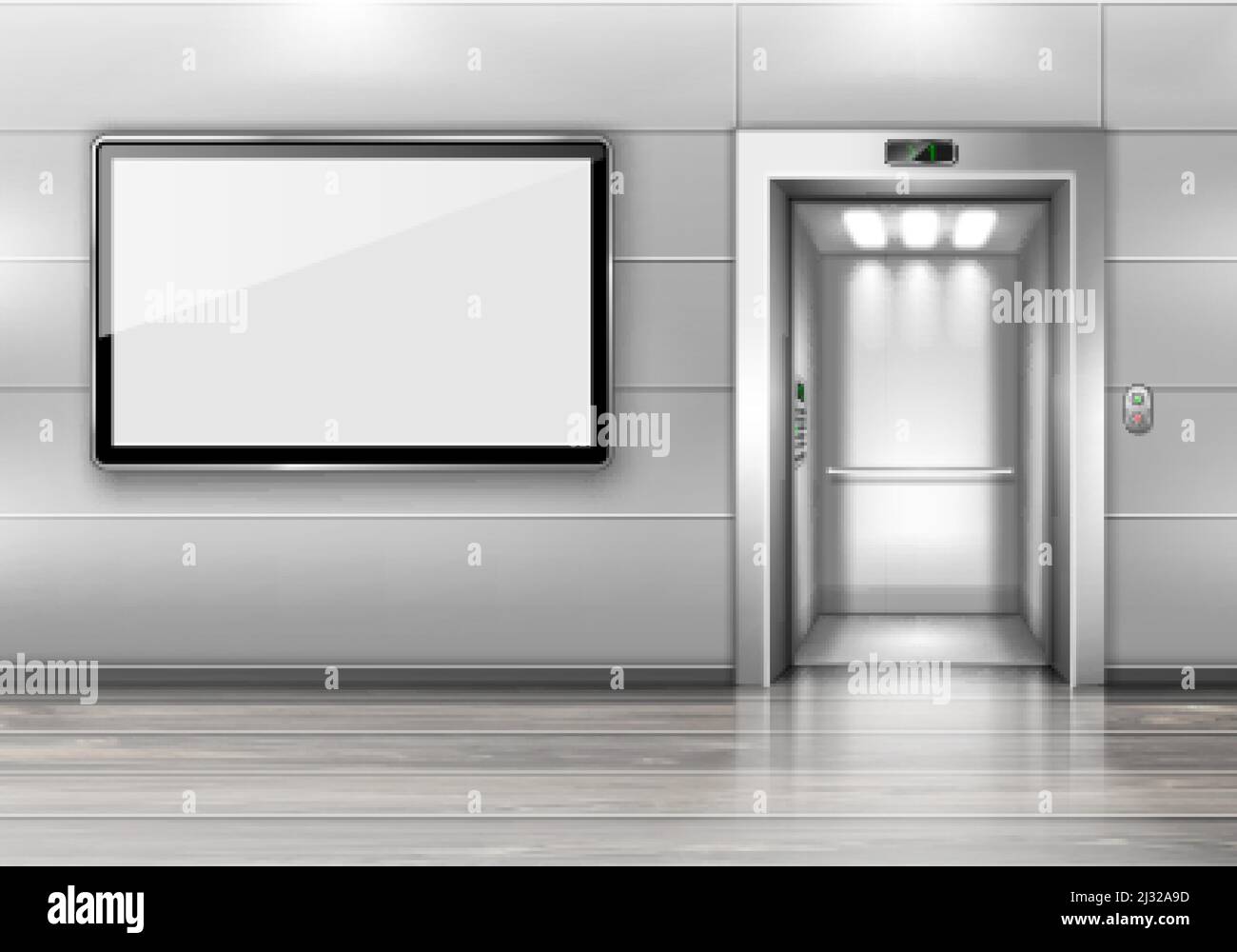 Ascensore realistico con porta aperta e schermo TV a parete in ufficio o nel moderno corridoio dell'hotel, lobby vuota con ascensore, pavimento in legno e disp vuoto Illustrazione Vettoriale