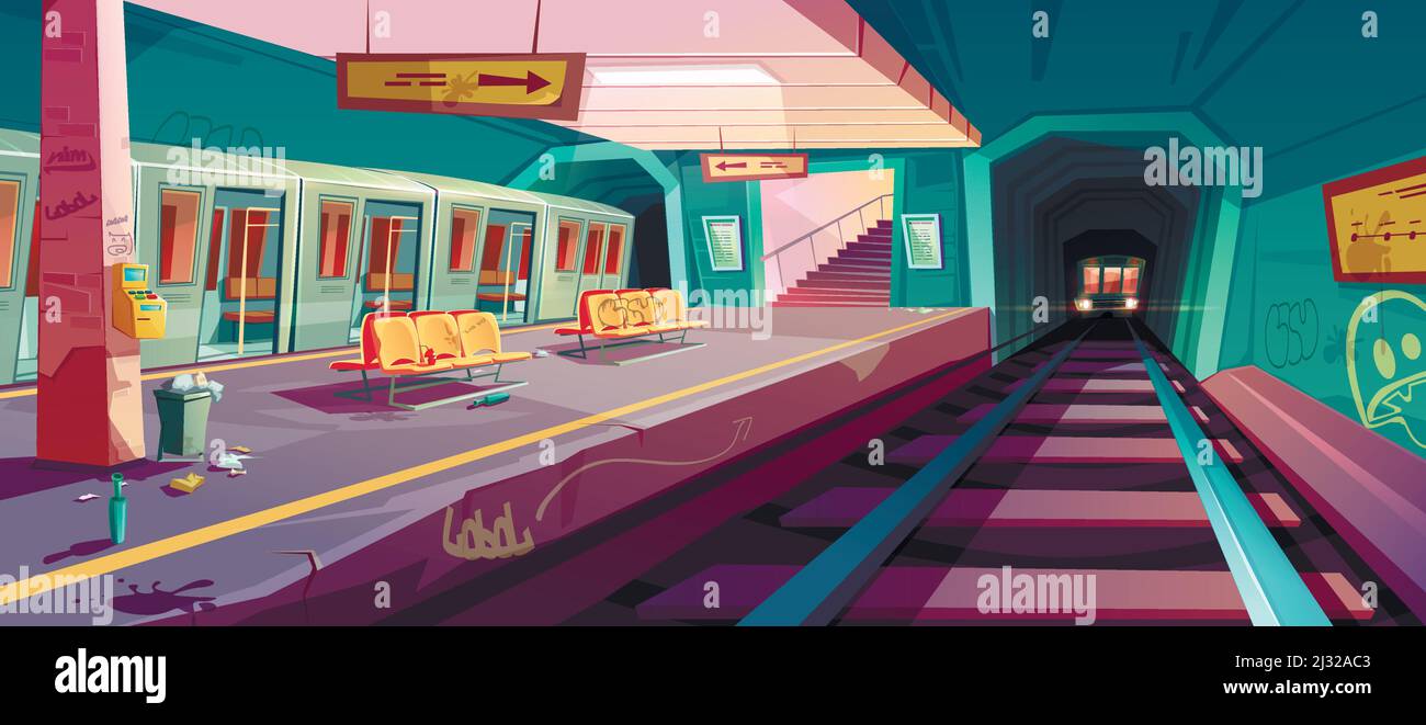 Stazione della metropolitana, arrivo in treno a binario della metropolitana vuoto dal tunnel sotterraneo. Vettore cartoon illustrazione di sudicio interno della metropolitana con spazzatura, graff Illustrazione Vettoriale