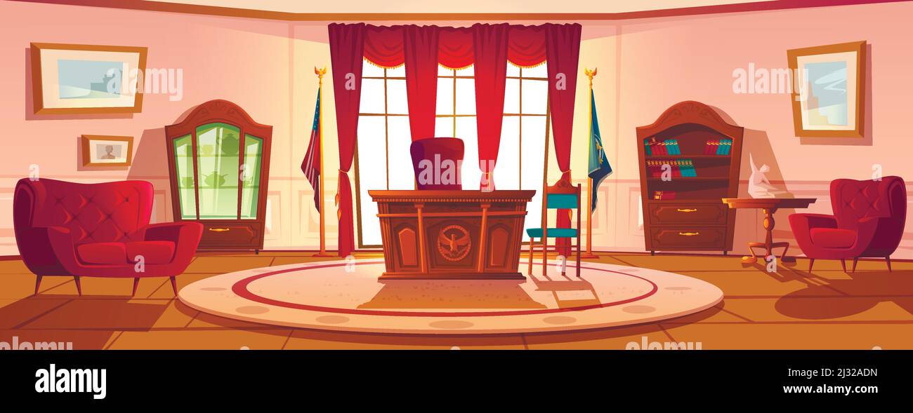Ufficio ovale in Casa Bianca giorno. Vector Cartoon interno vuoto di armadio americano presedent con mobili in legno d'epoca, sedia in pelle, retro de Illustrazione Vettoriale