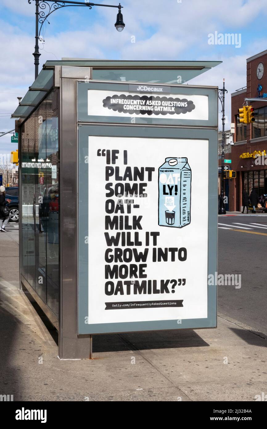 Un strano divertente e irriverente annuncio di latte di Oatly oat spiritoso in un rifugio di autobus a Broadway vicino Steinway St. Ad Astoria, Queens, New York. Foto Stock