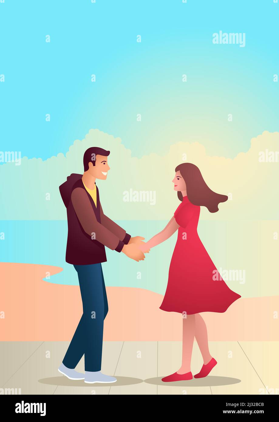 Coppia tenendo le mani sul marciapiede vicino alla spiaggia, semplice illustrazione vettoriale per San Valentino Illustrazione Vettoriale